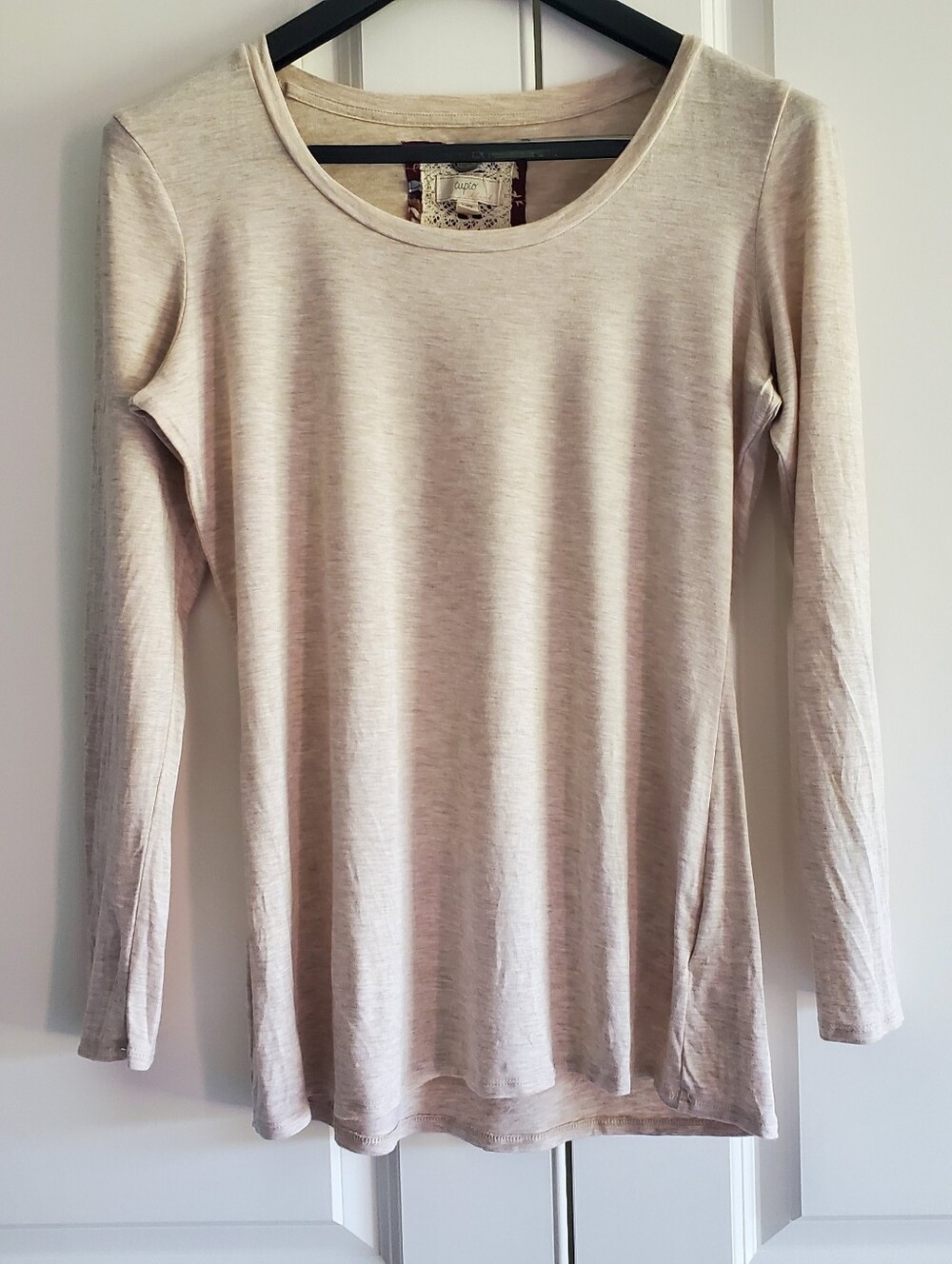 Cupio Scoop Neck Large Long-Sleeve Solid Cream Women's Top Comfy Romantic